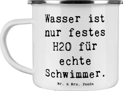 Produktbild von Mr. & Mrs. Panda Emaille Becher Spruch Schwimmen Abenteuer - Weiß - Geschenk, Ausdauer, Teamsport, Blechtasse, Tasse, Pott, Schmetterlingsschwimmen, Schwimmsport, Haferl