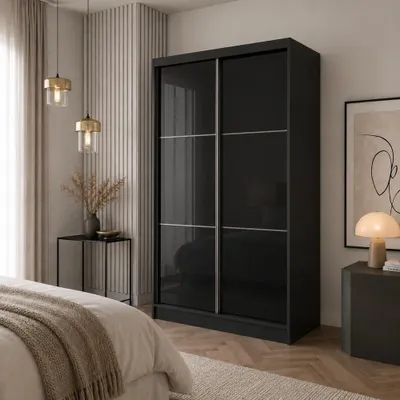 Produktbild von Schrank mit Schwebetüren VIVA 120cm - Kleiderschrank mit Schubkasteneinsätze & Kleiderstangen (Schwarz)