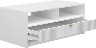 A white coffee table with one open drawer and a gold handle, shown against a white background.