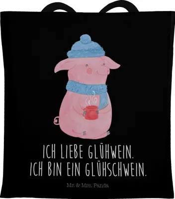 Produktbild von Mr. & Mrs. Panda Tote Bag Schwein Glühwein - Schwarz - Geschenk, Jutebeutel, Weihnachten, Laptoptasche, totebag, Weihnachtsmarkt, Glühschwein, Shopping Tasche, Punsch