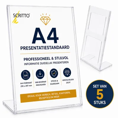 Produktbild von 5er-Set Scritto A4-Präsentationsaufsteller im Hochformat – Transparenter Prospekthalter – Menühalter – Informationsaufsteller – L-Form, KI-generiertes Bild