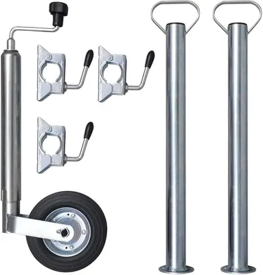 Imagen del producto de Rueda de apoyo galvanizada de 48 mm con rueda de goma de 200 mm, capacidad de carga de 150 kg, altura ajustable de 53 a 75 cm, 2 patas de apoyo y 3 soportes de sujeción para remolques, caravanas, transporte y camping