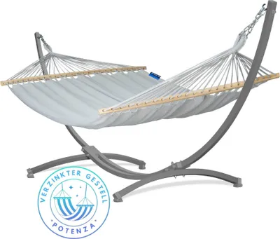 Produktbild von Potenza Outdoor Stabhängematte Hängematte mit Verzinkter Gestell für 2 Personen I 100% Baumwolle Merida Doppelhängematte XXL 215x160, 200kg I Hängemattengestell 220kg, wetterfest