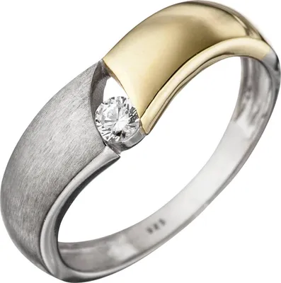 Produktbild von Gr. 58 Damen Ring 925 Sterling Silber bicolor vergoldet matt 1 Zirkonia Silberring