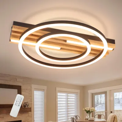 Image de Plafonnier LED ZMH 34 W, finition bois, dimmable, 55 cm, lampe de chambre à coucher à 2 anneaux, lampe de salon, télécommande, pour chambre à coucher, cuisine, salle à manger, forme ronde