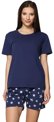 Produktbild von Merry Style Damen Schlafanzug Zweiteiler Pyjama Kurz aus Baumwolle Pyjama Set MS10-177 (Marineblau Sterne/ Blau, S)
