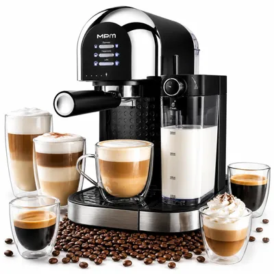 Produktbild von MPM Siebträgermaschine 15 Bar Espresso Kaffeemaschine Cappuccino Latte Thermoblock Milchsystem Milchaufschäumer 1100W MKW-14M
