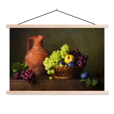 Produktbild von MuchoWow® Textilposter Rustikal - Obst - Korb - Stilleben 120x80 cm mit holzfarbenen Rahmen - Aufhängeset