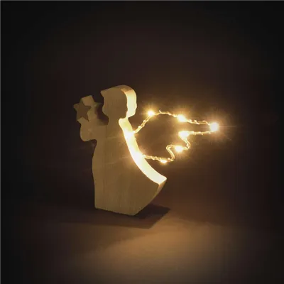 LED dekorace dřevěná – anděl, 13 cm, 2x AAA, vnitřní, teplá bílá, časovač