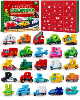 Produktbild von Adventskalender 2026 Holzpuzzles zum Zuordnen von Fahrzeugen und Buchstaben