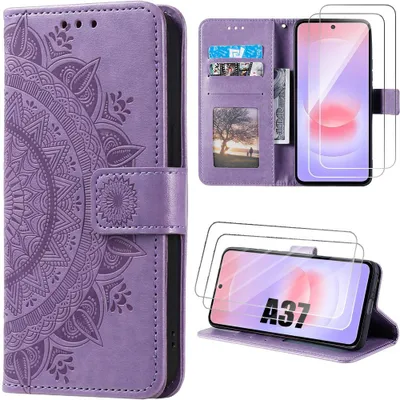 Image de Coque + 2 Verres Trempés pour Samsung Galaxy A37 5G, Cuir Synthétique Antichoc Violet Motif Mandala