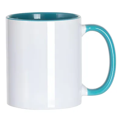Zdjęcie produktu dla Kubek ceramiczny biały "FUNNY" z wnętrzem i uszkiem w kolorze turkusowym do sublimacji klasa A+