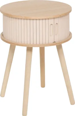 A round, two-door side table with a slatted front and three wooden legs, shown against a white background.