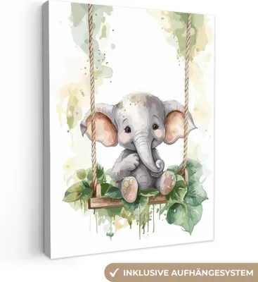 Produktbild von MuchoWow® - Leinwandbilder - Elefant - Tier - Kinder - Dschungel, Wandbild, Wanddeko Bilder Wohnzimmer, 60x80 cm