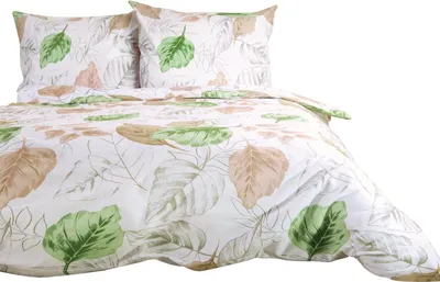 A duvet cover and pillowcases with a leaf pattern.