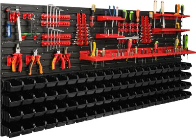 Obrázok produktu pre Skladovací systém dielenský regál | 172 x 78 cm | 88 ks. Box | Nástenný regál s držiakmi na náradie a stohovateľnými boxmi - Nástenné dosky Extra silný regál s otvormi na náradie Skladový regál Garážový regál