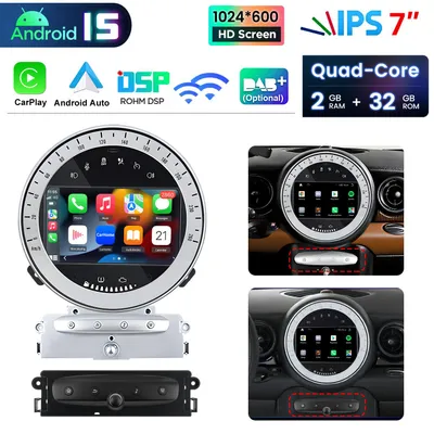 Immagine prodotto di Autoradio Android 15 da 7” con 2+32 GB, CarPlay, per BMW MINI R52, R56, R60 (2007-2014); GPS, navigatore, Wi-Fi, 4G, USB, Bluetooth, DAB+, SWC, DSP, RDS, chip Qualcomm