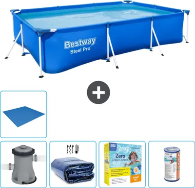 Produktbild von Bestway Rectangular Steel Pro Swimmingpool – 300 x 201 x 66 cm – Blau – inklusive Pumpe Sonnensegel - Wartungspaket - Filter - Bodenplane