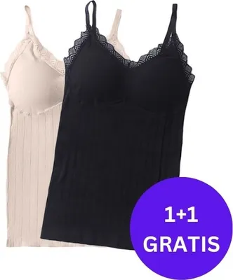Produktbild von 2er Pack Damen Top mit BH und verstärkten Seitenteilen, Schwarz und Beige, Baumwoll-Polyester-Gemisch - COMFORTOPIA