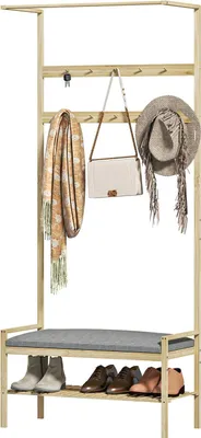 Immagine prodotto di Appendiabiti con panca per scarpe, appendiabiti con ganci, scarpiera, appendiabiti con cuscino, appendiabiti per ingresso, corridoio, bambù, natura