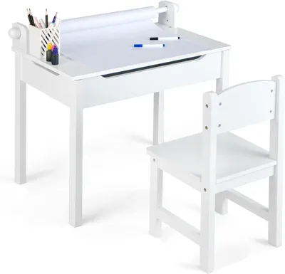 Zdjęcie produktu dla Biurko dziecięce COSTWAY z krzesłem, zestaw biurkowy dla dzieci ze składanym blatem, uchwyt na rolkę papieru, biurko szkolne dla dzieci od 3 lat,białe