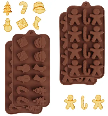 Produktbild von Weihnachts-Schokoladenform Silikonform Backform - 4 Stück - Weihnachtsbaum, Weihnachtsmann, Weihnachtsstrumpf und Schneemann