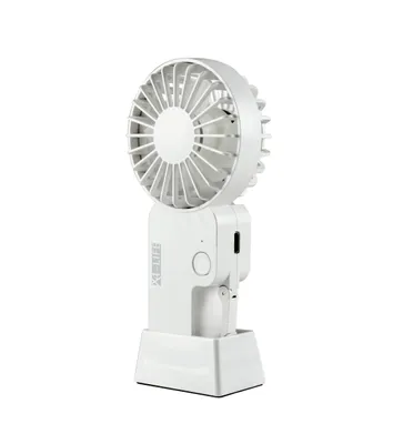 A white portable fan is shown against a white background.