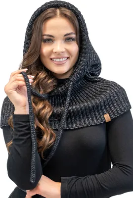 Obrázek produktu pro Vivisence Šála Klobouk s kapucí Šála pro ženy Kombinace stylové čepice a smyčky Šála s Balaclava Nastavitelná šňůrka Vyrobeno z měkké jehněčí vlny a bavlny Zima, černá, jedna velikost