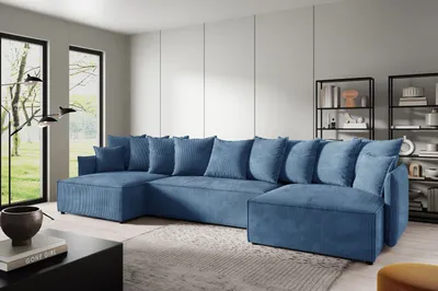 Produktbild von U-Form Ecksofa ANTONIO ABRIAMO-POSSO 362x148x70 cm mit Schlaffunktion & Bettkästen - Eckarniutur / Couch in Cord-Bezug - Hellblau