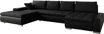 A black sectional sofa with a chaise lounge is shown against a white background.