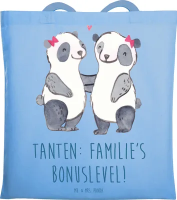 Produktbild von Mr. & Mrs. Panda Tote Bag Tante Bonuslevel - Sky Blue - Geschenk, Tasche, Familienmitglieder, Stoffbeutel, emotional, Geburtstage, Baumwollbeutel, Nichte, Geschenke