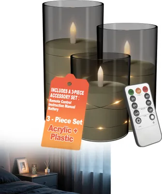 Produktbild von XMTECH LED Kerzen Set 3er – Flammenlose Echtwachskerzen Ø7,5 x 10/12,5/15 cm mit Fernbedienung, Timer & LED Lichterdraht – Batteriebetrieben, Flackernd, Deko für Innen & Außen – Mattgrau