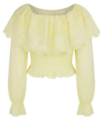 Produktbild von Damen Bluse gelb mit Off-Shoulder-Ausschnitt und Bischofsärmeln aus Polyester, Größe XS