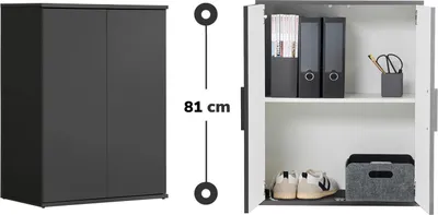 A two-part image showing a closed anthracite-black cabinet on the left and an open cabinet with shelves on the right, displaying its contents and dimensions.