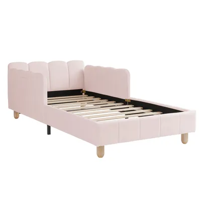 Produktbild von Flieks Kinderbett 90x200cm mit Rausfallschutz, Polsterbett mit Verstellbaren Armlehnen, Einzelbett Holzbett mit Holzbeinen, Samt, Rosa