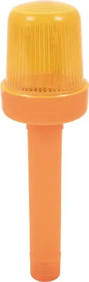 A close-up studio shot of an orange and yellow blinker light for a traffic cone.