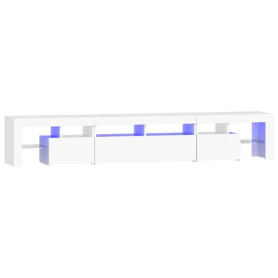 A white TV stand with blue LED lighting.