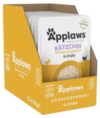 Productafbeelding van Applaws Natuurlijk natvoer voor kittens, in zakjes. Kittenvoer met kip in bouillon