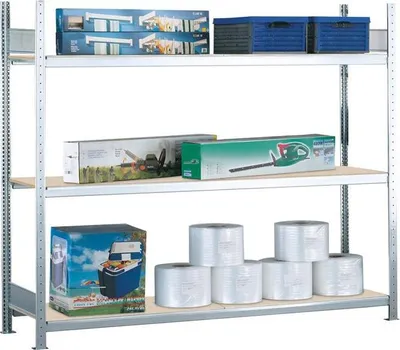 Produktbild von GR, Weitspannregal WS 2000 mit Spanplatten, 2.000 x 2.250 x 600 mm, verzinkt, 3 Ebenen, Fachlast 400 kg, Feldlast 1.200 kg
