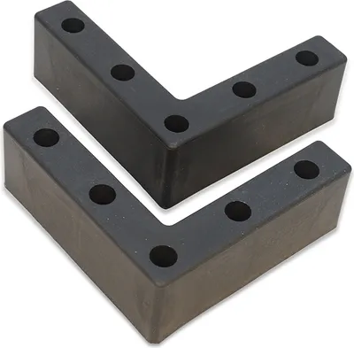 Two black L-shaped plastic corner brackets with pre-drilled holes are shown against a white background.