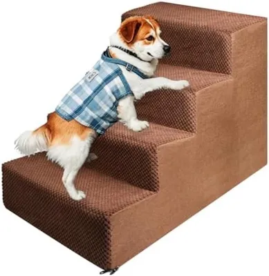 Produktbild von PolkaHome® Haustiertreppe für kleine Hunde und Katzen – 4 Stufen, abnehmbar, waschbar, rutschfest, 60x30x40 cm, Braun