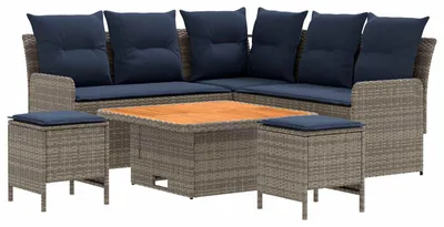 Image de Ensemble de meubles vidaXL, 6 pièces, gris et bleu marine, en résine tressée (PE)