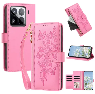Image de Étui pour Xiaomi 15 Pro, en cuir PU, type portefeuille, avec compartiments, support pour cartes et boucle. Couleur : rose