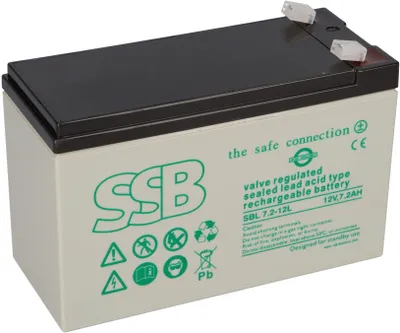 A white sealed lead-acid rechargeable battery with black top and green labeling.