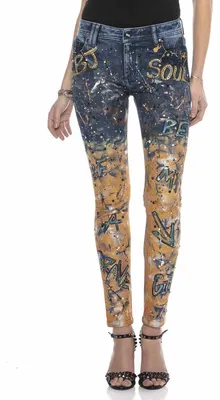 Produktbild von WD440 Damen Slim-Fit-Jeans in modischem Handpaint-Design