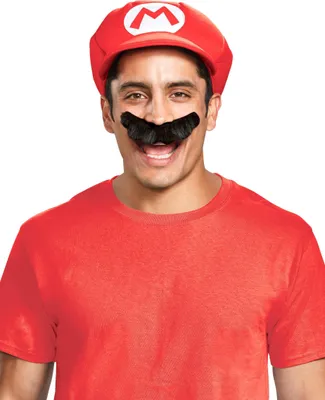 A man wearing a Mario costume, including a red cap with an 'M' logo and a black mustache, against a white background.