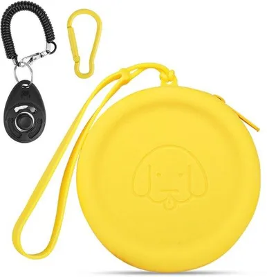 Productafbeelding van Ibenzoa® siliconen snackzak voor honden, geel – compacte trainingszak voor traktaties, 9 x 8 x 9 x 4 cm, met klikker en karabijnhaak, BPA-vrij, draagbaar