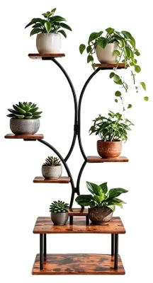 Zdjęcie produktu dla Stojak na rośliny, metalowa konstrukcja, 7 półek, wysokość 154 cm, półki drewniane, oszczędna konstrukcja
