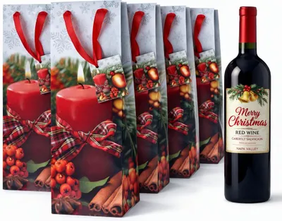 Obrázok produktu pre Sada 10 luxusných tašiek na víno s uchom a menovkou – Pevná darčeková taška na fľaše vína – Vianočné darčekové balenie – Darčeková taška na fľaše vína