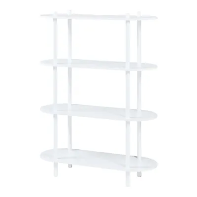 A white, four-shelf bookshelf with oval-shaped shelves and thin vertical supports, presented against a white background.